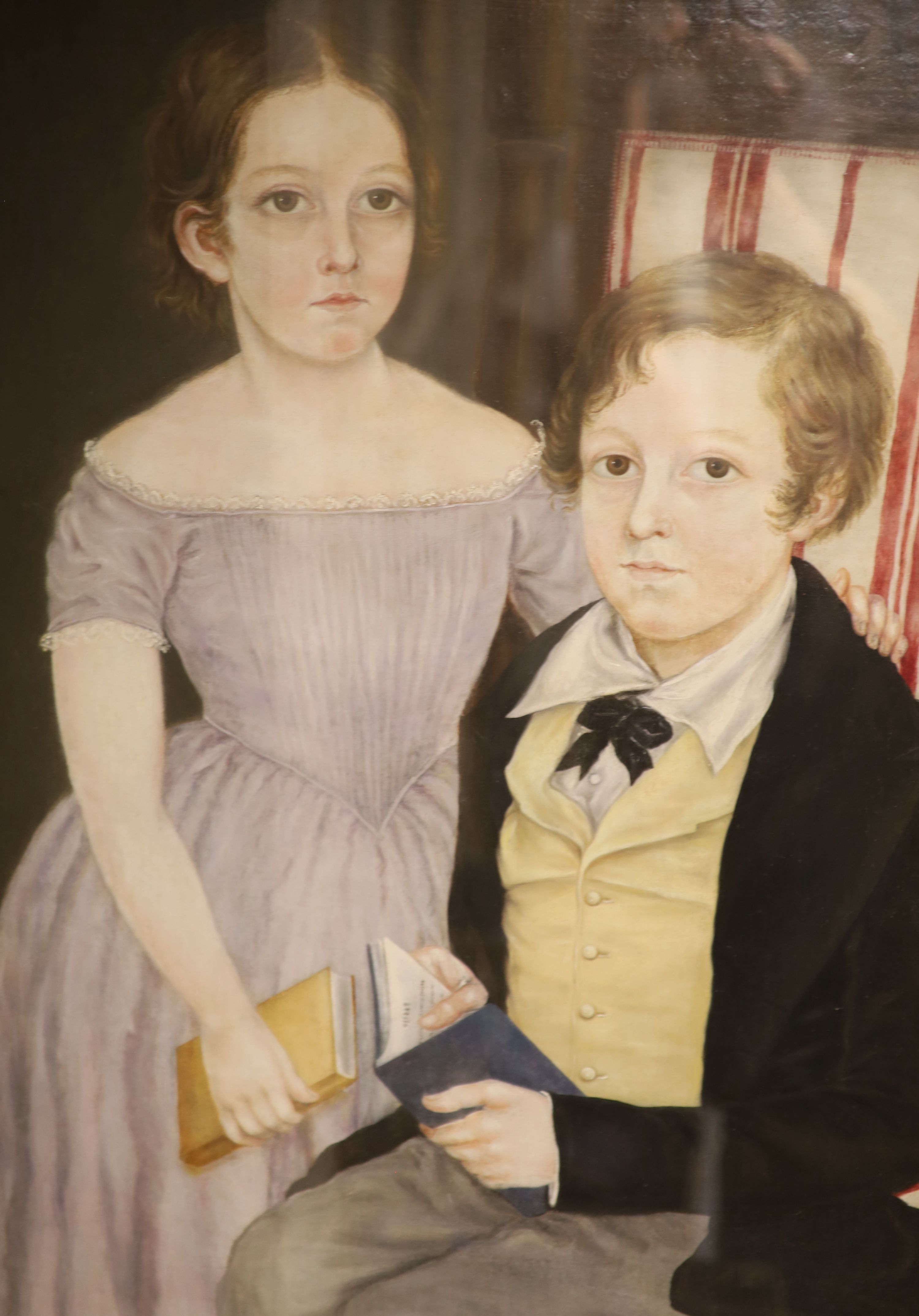 English School c.1890, oil on board, Portrait of a brother and sister, 'Lanarth', Cornwall, 71 x 58cm